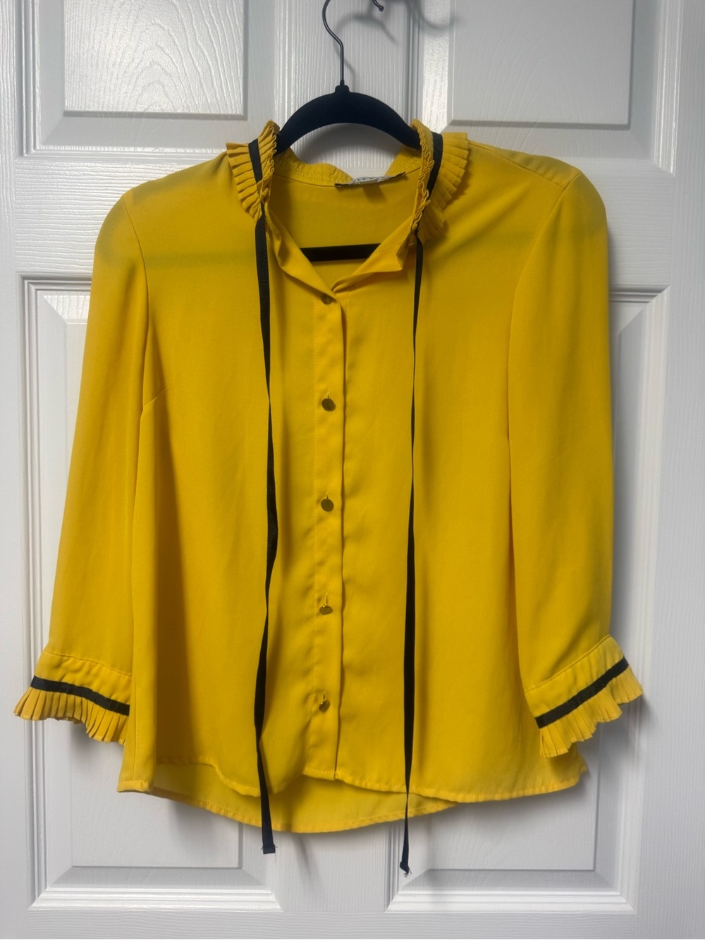Haute Monde Yellow Ruffle-Trim Button Front Blouse with Black Ties